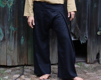 PANASIAM Pantalon de pêche thaïlandais en chanvre | Pantalon portefeuille pantalon de massage pantalon thaïlandais | Style hippie Boho unisexe | Yoga de méditation Thaï Chi | Un pantalon ample