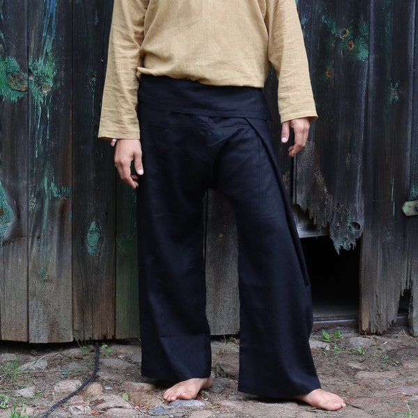 PANASIAM Pantalon de pêche thaïlandais en chanvre | Pantalon portefeuille pantalon de massage pantalon thaïlandais | Style hippie Boho unisexe | Yoga de méditation Thaï Chi | Un pantalon ample