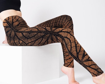 Leginsy batikowe PANASIAM z wzorem liści – kwiatowy, abstrakcyjny wzór – ręcznie robiony, unikatowy element – joga, fitness, gimnastyka – festiwal Goa, boho