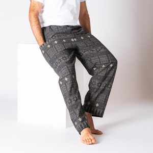 PANASIAM Cotton Pants Oriental Style - 100% Cotton - Unisex Harem Lounge Pants with Geometric Ethno Design - Perfect for Yoga & Leisure