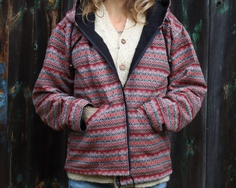 PANASIAM Etnische jas met geweven patroon en capuchon | 100% katoen | Handgemaakt | Zachte unisex hippie boho Goa jas met 2 buitenzakken