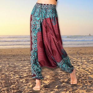 PANASIAM Aladdin Pants Peacock – Lightweight Boho Trousers, Viscose Summer Harem Pants, Hippie Festival & Everyday Wear, Goa Sarouel Style