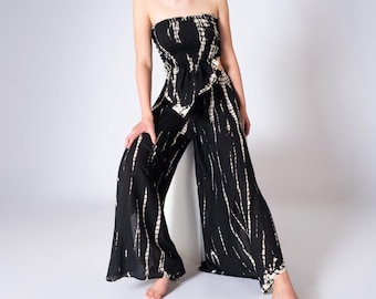 PANASIAM Boho Tie-Dye Two-Piece Set – Crop Bandeau Top & Wide-Leg Palazzo Pants, Flowy Summer Outfit, Festival Clothing, Beachwear, Handmade