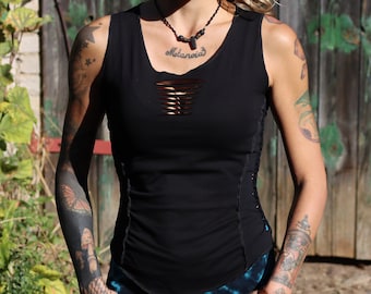PANASIAM Kama Cutout Goa Tank Top for Women Soft Breathable Comfy Cotton Shirt Festival & Psy Goth Style - Handmade by Small Family Business