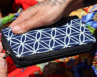 PANASIAM Indigo Wallet – Handmade Cotton Zip-Around Wallet with Sacred Geometry & Coin Pocket, Card Slots - Fair Trade Boho Ethnic