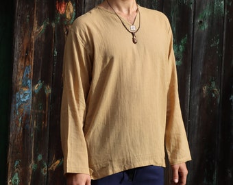 PANASIAM Camisa pescador sin cuello | 100% algodón | Camisa casual de manga larga camisa de verano | cómodo y suelto | Camisa étnica boho del festival hippie de la naturaleza