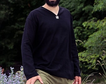 PANASIAM Vissershemd zonder kraag - 100% katoen, lange mouwen, casual zomerhemd, comfortabel en losvallend - natuurlijk hippie festival boho etnisch shirt