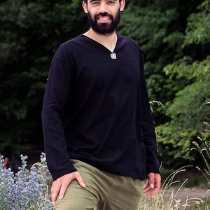 PANASIAM Cotton Fisherman Shirt – No Collar, Long Sleeve, Men’s Lightweight Shirt, Boho Hippie Festival Shirt, Casual Summer Shirt, Yoga Top