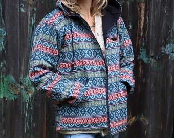 PANASIAM Hippie Jacke mit Webmuster und Kapuze - 100% Baumwolle handgefertigte Ethno Boho Kapuzenjacke Unisex im Goa-Stil 2 Außentaschen