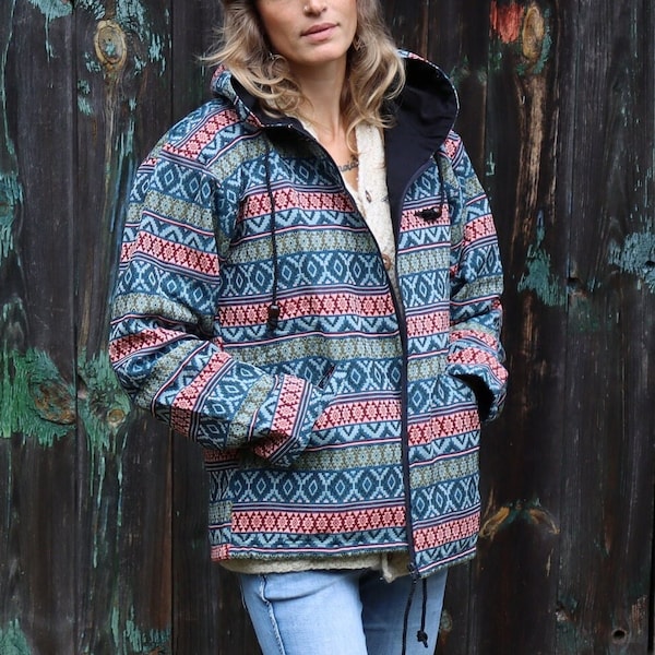 PANASIAM Hippie Jacke mit Webmuster und Kapuze | 100% Baumwolle | handgefertigte Ethno Boho Kapuzenjacke Unisex im Goa-Stil | 2 Außentaschen