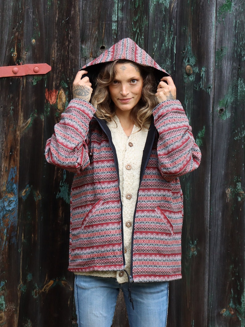 PANASIAM ethnic jacket woven pattern with hood 100% cotton Handmade soft unisex hippie jacket Boho Goa jacket with 2 outside pockets image 3