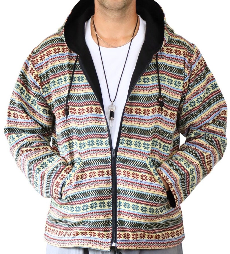 PANASIAM Hippie Jacke mit Webmuster und Kapuze 100% Baumwolle handgefertigte Ethno Boho Kapuzenjacke Unisex im Goa-Stil 2 Außentaschen Ethno07