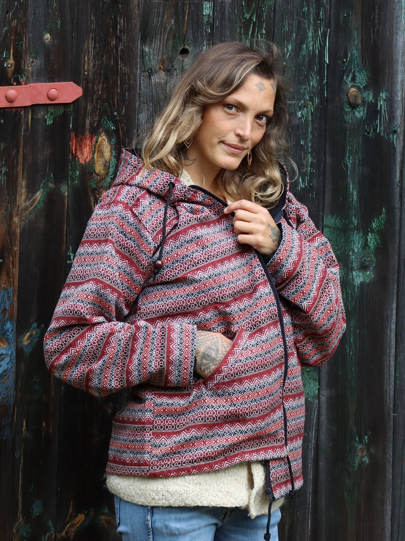 PANASIAM ethnic jacket woven pattern with hood 100% cotton Handmade soft unisex hippie jacket Boho Goa jacket with 2 outside pockets image 2