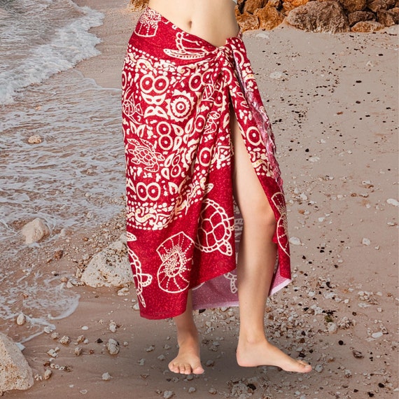 pisarro nights beaded sheath dress White-Navy Sarong Beach Cover-Up Hibiscus