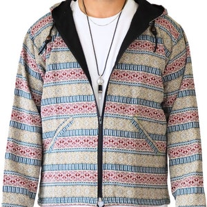 PANASIAM Hippie Jacke mit Webmuster und Kapuze 100% Baumwolle handgefertigte Ethno Boho Kapuzenjacke Unisex im Goa-Stil 2 Außentaschen Ethno05