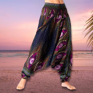 PANASIAM Aladdin Pants Peacock – Unisex Harem Pants, Comfy Summer Trousers, Hippie Style for Vacation & Festivals, Lightweight Sarouel Fit