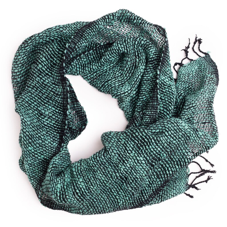 PANASIAM scarf, loosely woven neck scarf, warm winter scarf, hand-woven from 100% cotton, can also be worn as a loop scarf or shoulder scarf jade mit schwarz