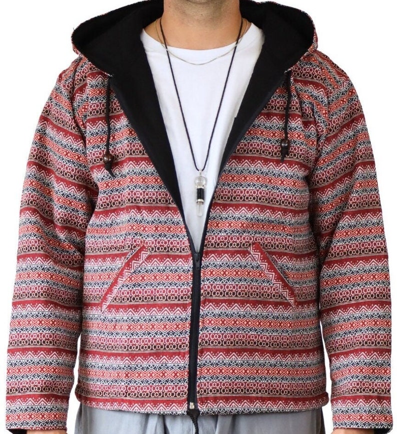 PANASIAM ethnic jacket woven pattern with hood 100% cotton Handmade soft unisex hippie jacket Boho Goa jacket with 2 outside pockets image 4