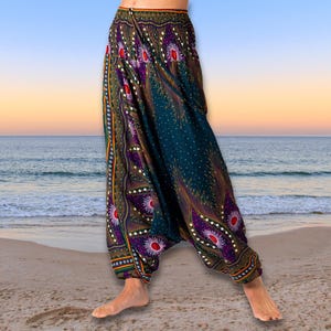 PANASIAM Aladdin Pants Peacock – Baggy broek, losse harembroek van viscose, unisex hippiebroek, zomer, festival & reizen, comfortabele sarouel-stijl