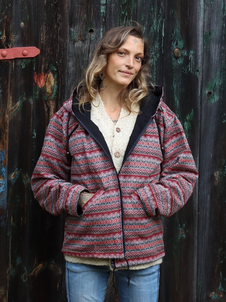 PANASIAM ethnic jacket woven pattern with hood 100% cotton Handmade soft unisex hippie jacket Boho Goa jacket with 2 outside pockets image 1