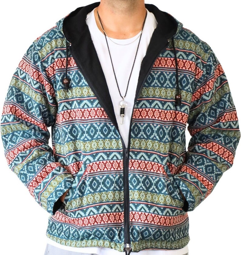 PANASIAM Hippie Jacke mit Webmuster und Kapuze 100% Baumwolle handgefertigte Ethno Boho Kapuzenjacke Unisex im Goa-Stil 2 Außentaschen Ehthno03