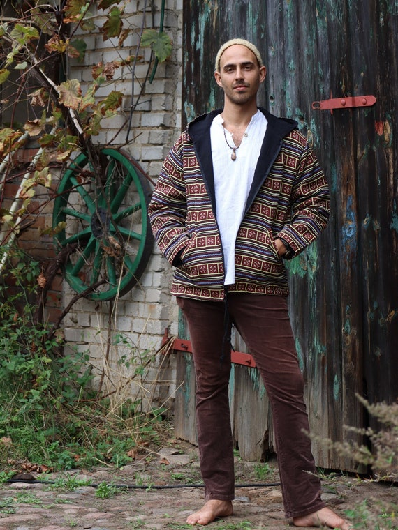 PANASIAM Boho-Jacke mit Ethno-Muster und Kapuze | 100% Baumwolle | handgefertigt | Weich | Unisex Hippie-Jacke im Goa-Stil | 2 Außentaschen