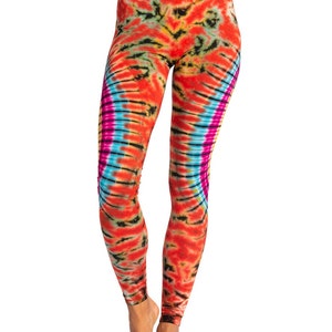 May include: Red, orange, yellow, blue, and pink tie-dye leggings. The leggings have a swirling pattern.