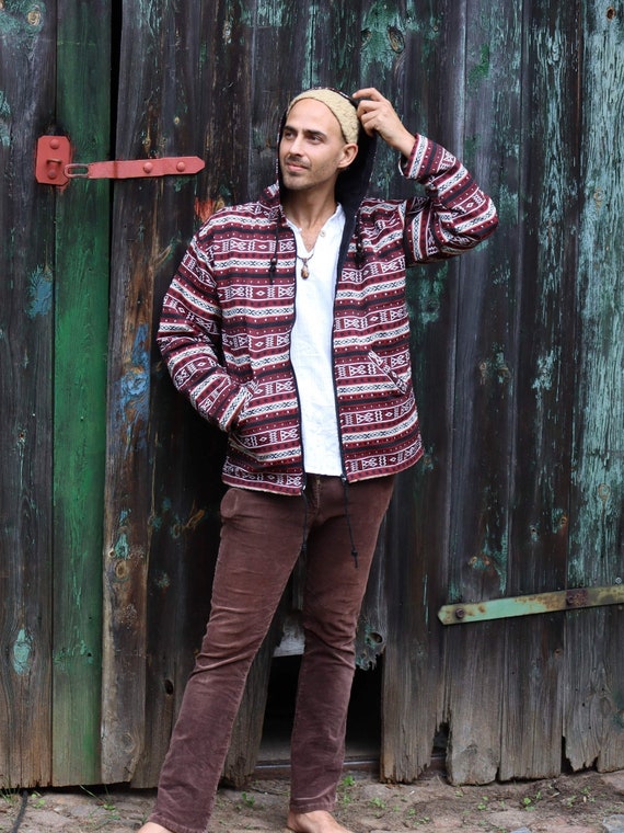 PANASIAM Ethno-Jacke mit Kapuze und Boho-Muster - 100% Baumwolle handgefertigt Weich Unisex Hippie-Jacke im Goa-Stil, 2 Außentaschen, Kapuze