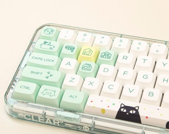 Cute Cat Theme Keycap, PBT Keycap Set 131 keyboard keys, XDA Keycap, Kawaii Keycap, Mechanical Keyboard Keycap, Green And White