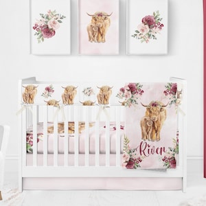 Organic Cotton Baby Girl Crib Bedding Set, Highland Cow Crib Bedding, Crib Bedding Girl, Personalized Baby Girl Blanket, Baby Girl Nursery,