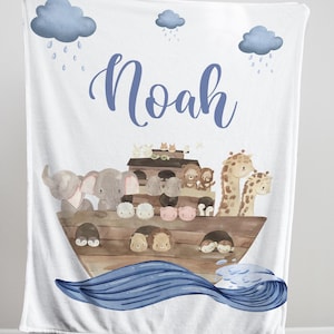 Christian Personalized Noah&#39;s Ark Blanket, Noah&#39;s Ark Baby Gift, Bible Story Baby Blanket, Animal Ark Baby Blanket,  Baby Shower Gift