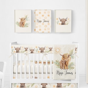Organic Cotton Baby Boy Crib Bedding Set, Highland Cow Crib Bedding, Crib Bedding Boy, Personalized Baby Boy Blanket, Baby Boy Nursery,
