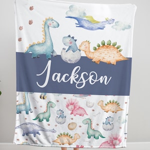 Personalized dinosaur baby blanket, Custom name dino baby blanket, Watercolor dinosaur toddler blanket
