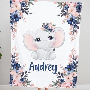 Personalized Elephant Blanket, Custom Name Baby Girl Blanket, Floral Elephant Nursery Decor, Baby Girl Shower Gift Blanket, Newborn Keepsake