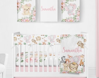 Safari Girl Crib Bedding Set: Organic Cotton, Pink Floral, Personalized Blanket