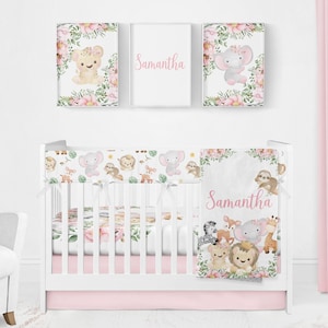 Safari Crib Bedding Set, Girl Crib Bedding, Safari Animal Nursery, Pink Floral Crib, Elephant Baby Bedding, Personalized Safari Baby Blanket