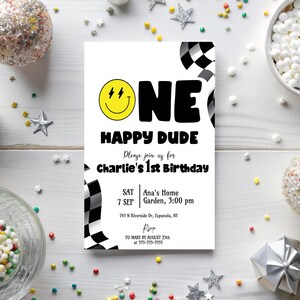 One Happy Dude Invitation, Boy First Birthday Invite, 1st Birthday Template, Smile Face One Happy Dude Birthday Invite Instant Download