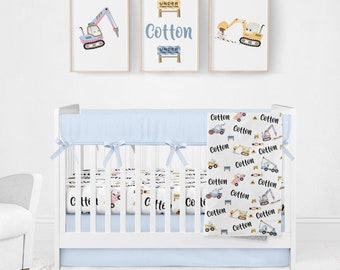 Organic Cotton Construction Crib Bedding Set: Minky Blanket, Personalized
