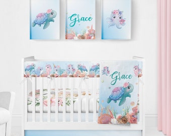 Sea Turtle Girl Organic Girl Nursery Bedding, Sea Turtle Crib Bedding, Crib Bedding Set Girl, Sea Baby Blanket, Personalized Baby Blanket