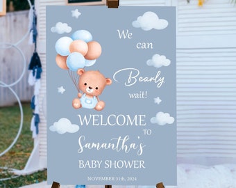 Teddy Bear Baby Shower Welcome Sign: Blue Boho Decorations