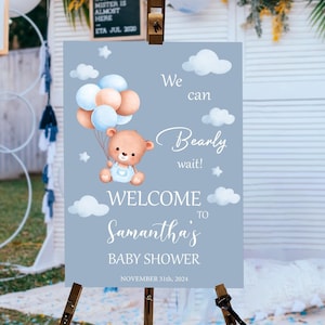 Teddy Bear Baby Shower Welcome Sign: Blue Boho Decorations