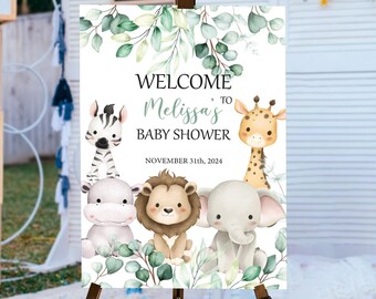 May include: Welcome to Melissa's Baby Shower sign with a white background and green leaves. The sign features a zebra, giraffe, lion, hippopotamus, and elephant with a watercolor style. The text on the sign reads "Welcome to Melissa's Baby Shower" and "November 31th, 2024".