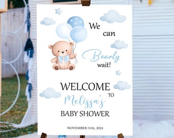 Teddy Bear Baby Shower Welcome Sign: Blue Boho Decorations