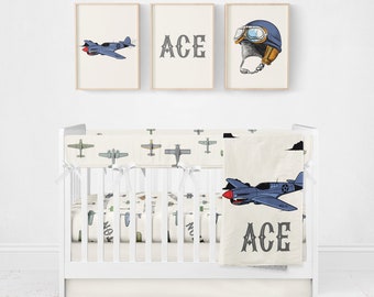 Vintage Plane Crib Bedding Set: Personalized Baby Boy Blanket