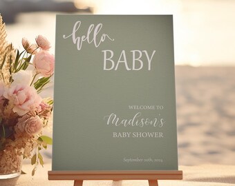 Personalized Sage Green Baby Shower Welcome Sign: Minimalist Hello Baby Poster