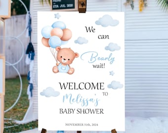Teddy Bear Baby Shower Welcome Sign: Boho Blue Decor