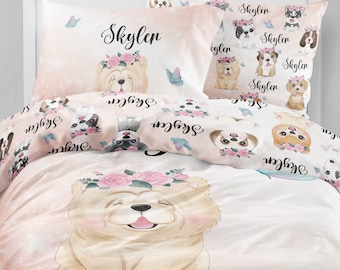 Girls Puppy Bedding Set: Organic Cotton Duvet Cover & Pillowcase
