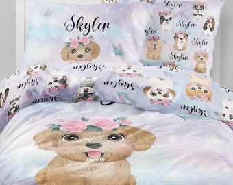 Puppies girl bedding, Dogs girl twin bedding, Puppies toddler bedding, Dogs girl duvet cover, Puppies sheet set, dogs sheet set