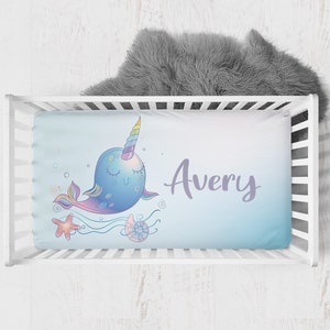 Organic Cotton Personalized Ocean Crib Sheet, Whale Unicorn Crib Sheets, Ocean Crib Bedding, Baby Girl Crib Bedding, Baby Shower Gift