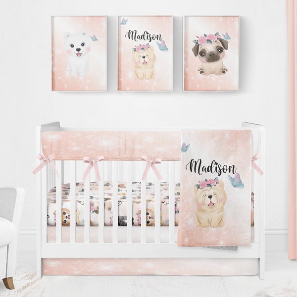 Puppy Girl Crib Bedding, Dog Girl Nursery, Personalized Baby Blanket Girl, Personalized Girl Crib Sheet, Cute Pups Baby Gril Blanket